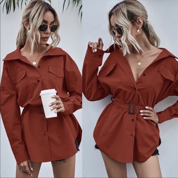 Tops - Button up belted pocket top shirt redwood